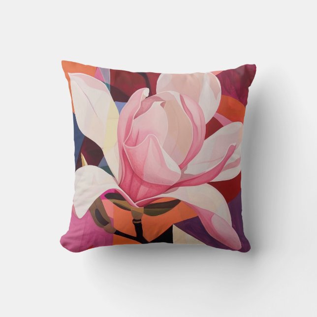 Vibrant Magnolia Bloom in Geometric Light Cushion (Front)