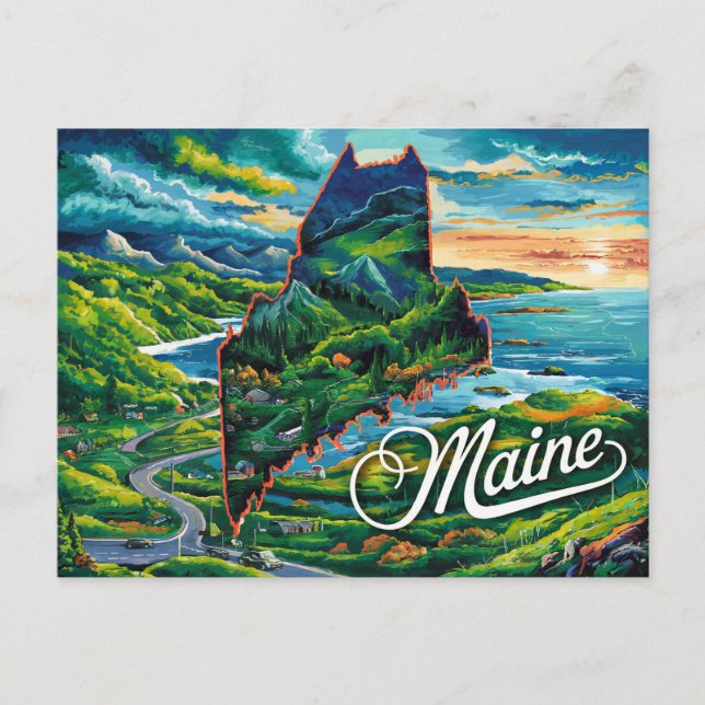 Vibrant Maine Map Art Postcard (Front)