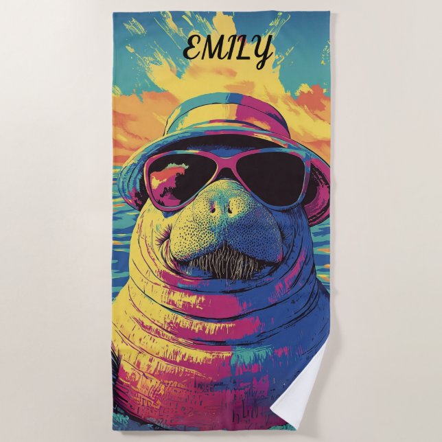 Vibrant Manatee Sunglasses Hat Bright Beach Colour Towel (Front)