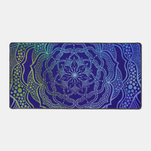 Vibrant Mandala Boho Chic Elegant Navy Blue Green Desk Mat