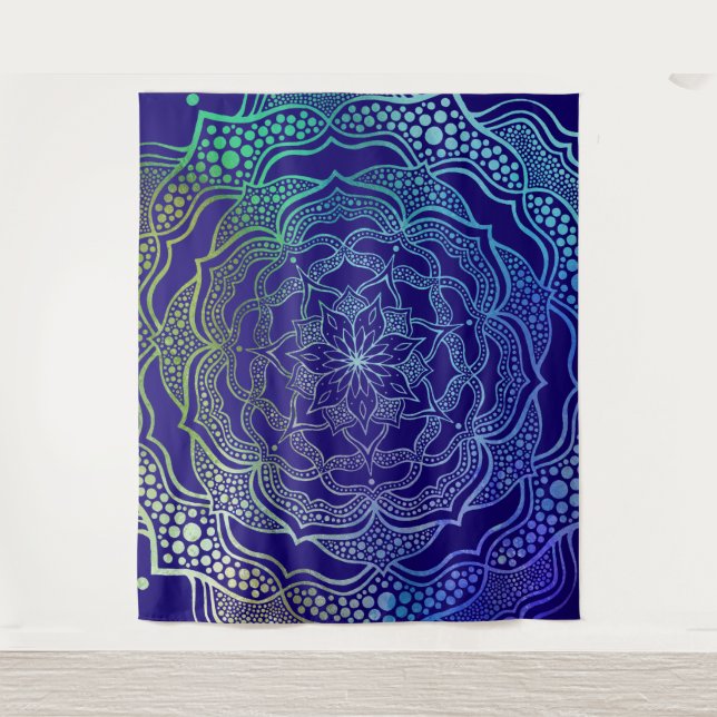 Vibrant Mandala Boho Chic Elegant Navy Blue Green Tapestry (Front)