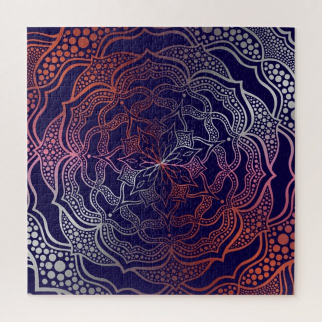   Vibrant Mandala Boho Chic Elegant Navy Rose Gold Jigsaw Puzzle (Vertical)