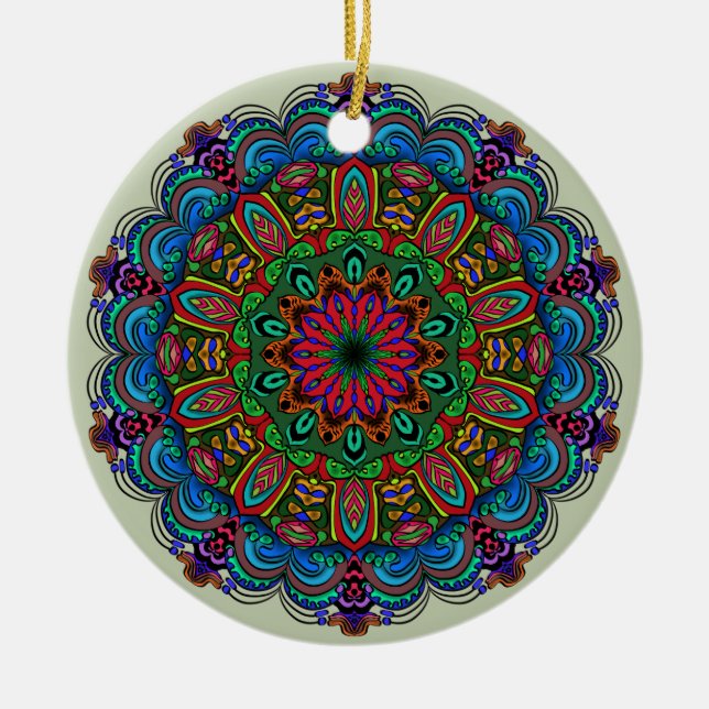 Vibrant Mandala Floral & Geometric Pattern Ceramic Tree Decoration (Front)