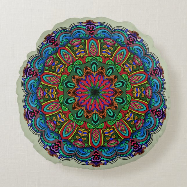 Vibrant Mandala Floral & Geometric Pattern Round Cushion (Front)