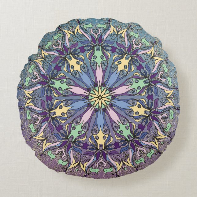 Vibrant Mandala Round Throw Pillow (Front)