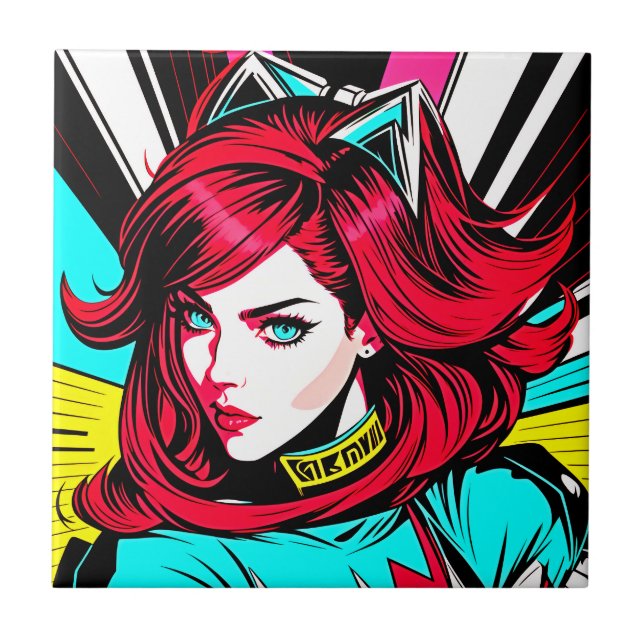 Vibrant Manga Girl Ceramic Tile - Pop Art Delight (Front)