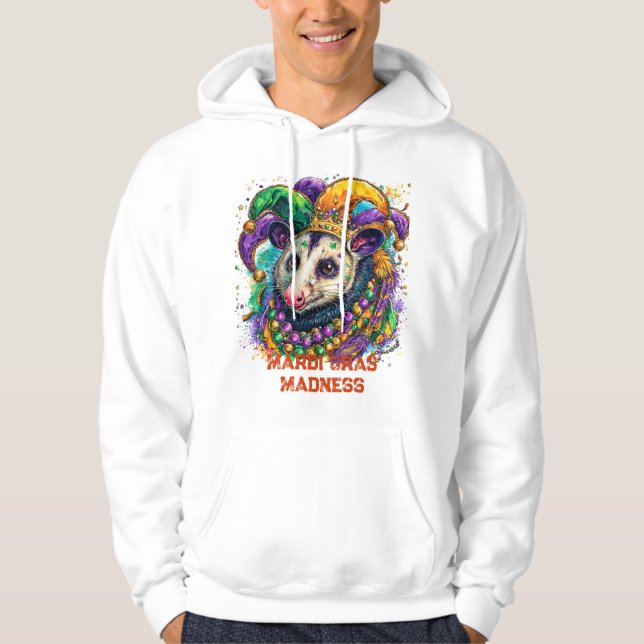 Vibrant Mardi Gras possum in jester mask and beads Hoodie (Front)