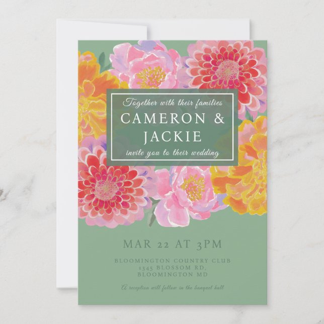 Vibrant Marigold and Zinnia Wedding Invitation (Front)