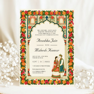 Vibrant Marigold Floral Arch Indian Couple Wedding Invitation