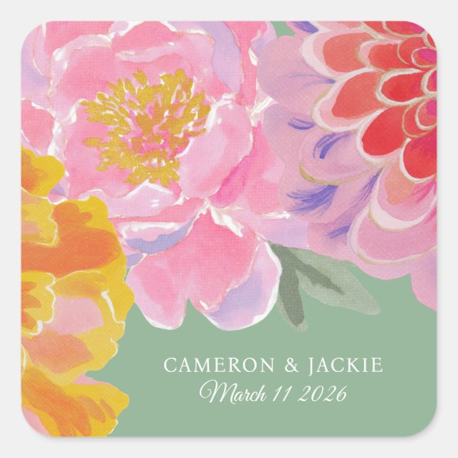 Vibrant Marigold Zinnia Summer Wedding Square Sticker (Front)