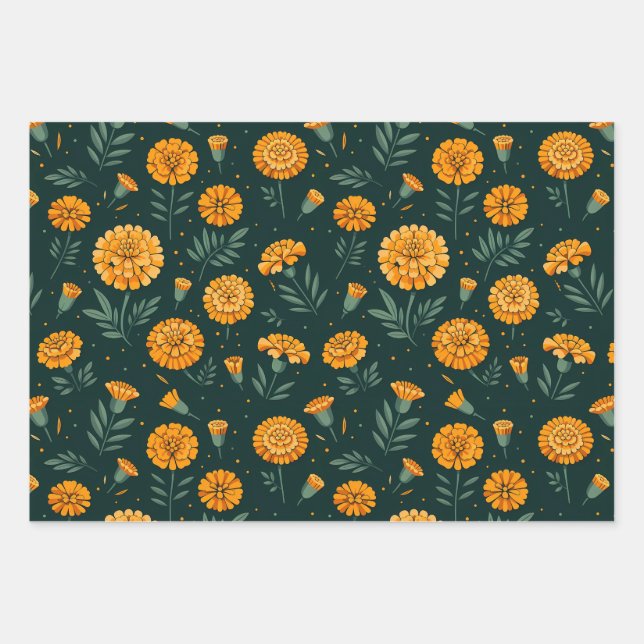 Vibrant Marigolds Pattern Wrapping Paper Sheet (Front)