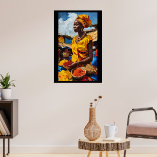 Vibrant Market: African Art Woman Oil Painting Poster