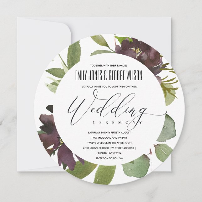 VIBRANT MAROON GREEN BLOOM FOLIAGE BUNCH WEDDING INVITATION (Front)