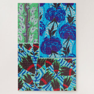 Vibrant Maximalist Blue & Green Floral Art Jigsaw Puzzle
