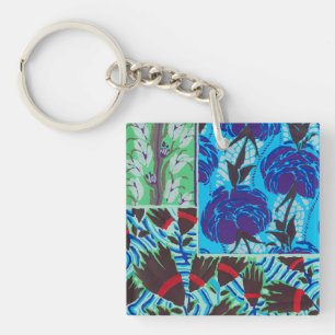 Vibrant Maximalist Blue & Green Floral Art Key Ring