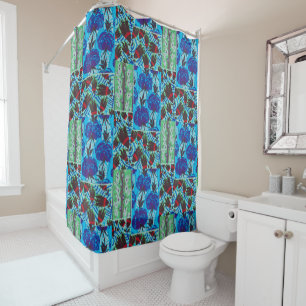 Vibrant Maximalist Blue & Green Floral Art Shower Curtain