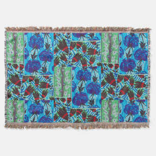 Vibrant Maximalist Blue & Green Floral Art Throw Blanket