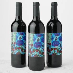 Vibrant Maximalist Blue & Green Floral Art Wine Label