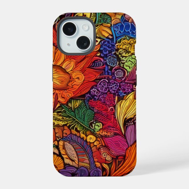 Vibrant Maximalist Floral Pattern iPhone 15 Case (Back)