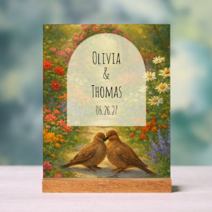 Vibrant Maximalist Garden Wedding Arch Lovebirds Acrylic Sign