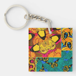 Vibrant Maximalist Pink & Teal Butterfly Art Key Ring