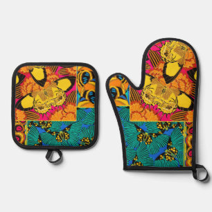 Vibrant Maximalist Pink & Teal Butterfly Art Oven Mitt & Pot Holder Set