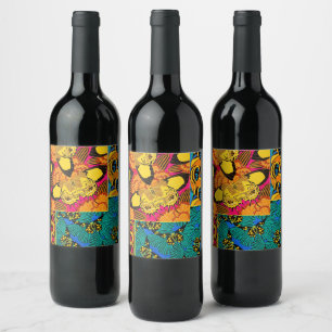 Vibrant Maximalist Pink & Teal Butterfly Art Wine Label