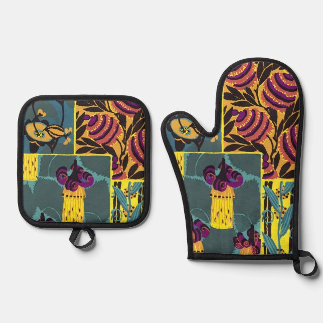 Vibrant Maximalist Purple & Teal Floral Print Oven Mitt & Pot Holder Set (Front)