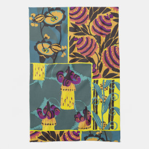 Vibrant Maximalist Purple & Teal Floral Print Tea Towel