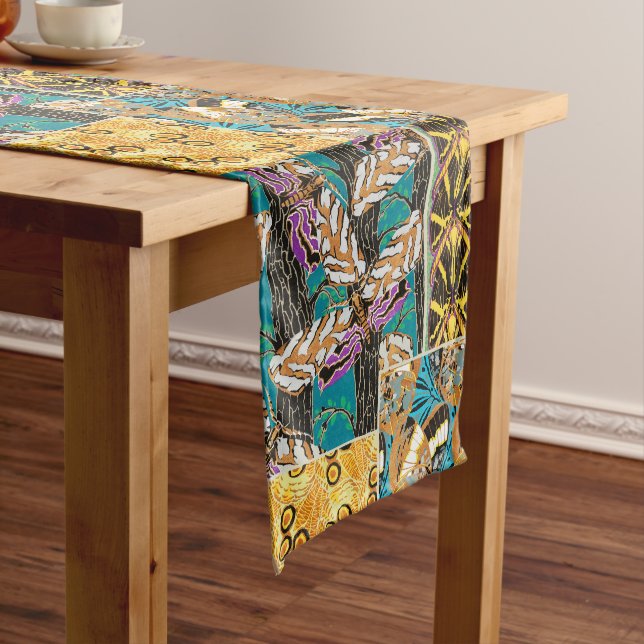 Vibrant Maximalist Teal & Purple Butterfly Art Long Table Runner (In Situ)