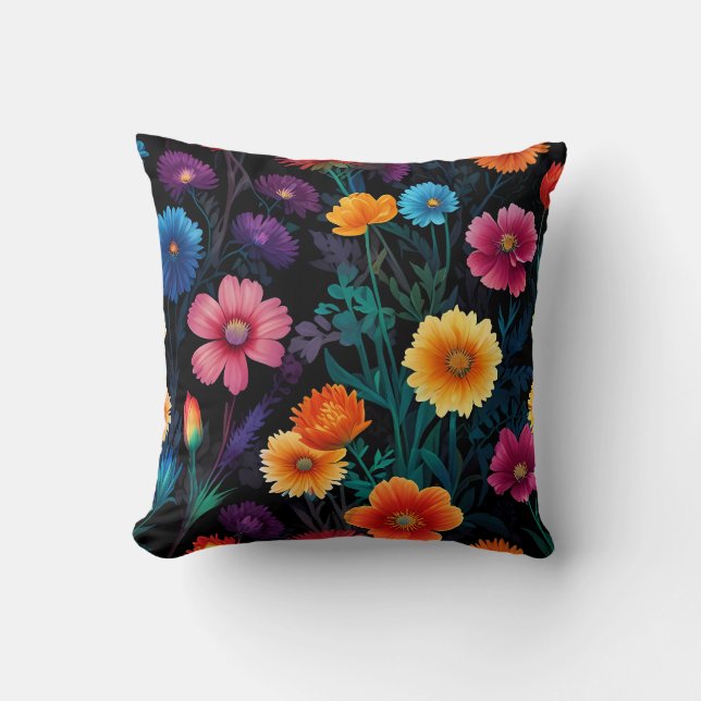 Vibrant Meadow Blossoms - Colourful Floral Pattern Cushion (Front)