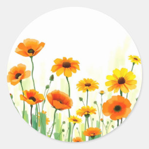 Vibrant Meadow Watercolor with Poppies Sunflowers Classic Round Sticker