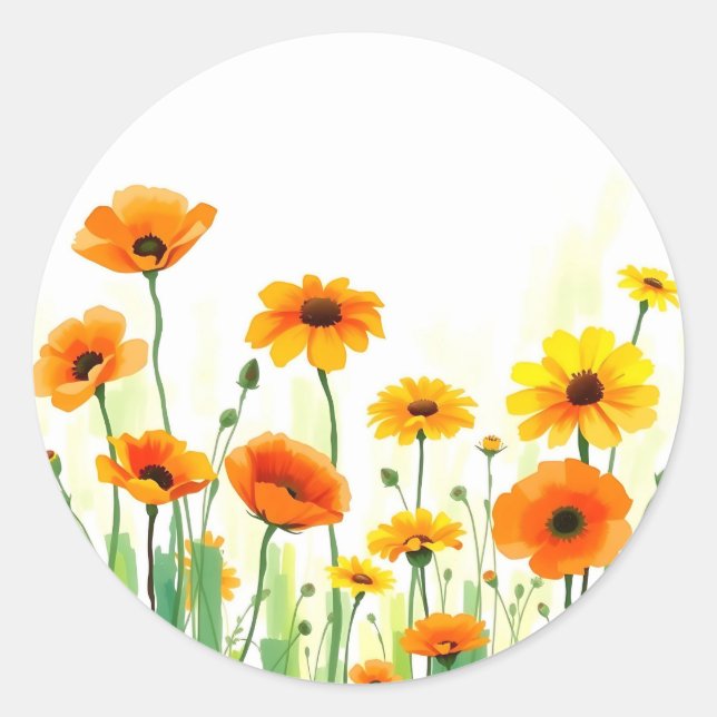 Vibrant Meadow Watercolor with Poppies Sunflowers Classic Round Sticker (Front)