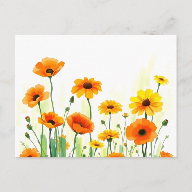 Vibrant Meadow Watercolor with Poppies Sunflowers Postcard (Front)
