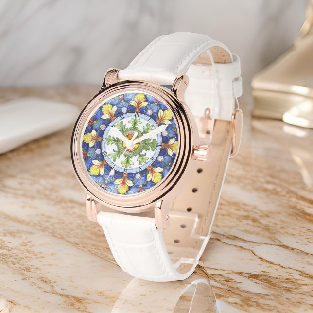 Vibrant Medallion Symmetric Leafs Floral Majolica Watch (Zazzle Vibrant Medallion Symmetric Leafs Floral Majolica Watch)