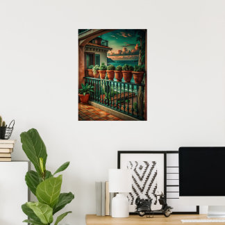Vibrant Mediterranean Balcony Sea View Art Poster