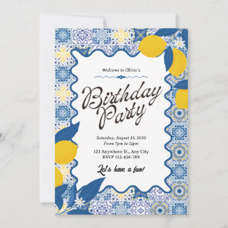 Vibrant Mediterranean Lemon & Blue Birthday Invitation