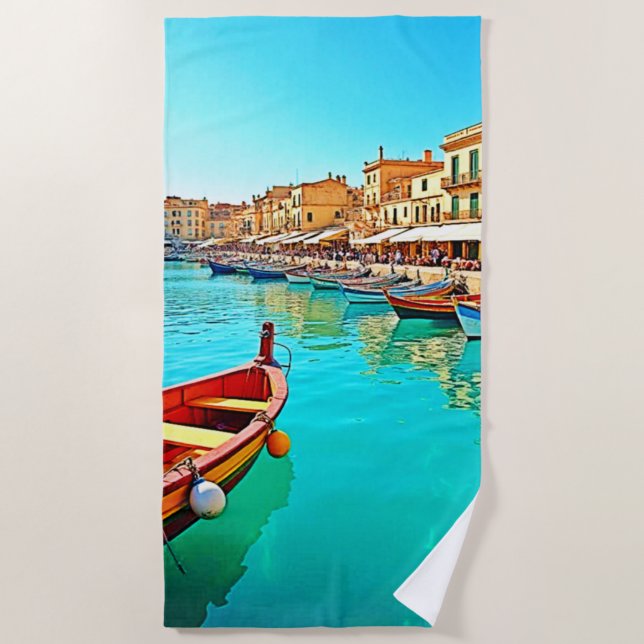 Vibrant Mediterranean Port Life Design Beach Towel (Front)