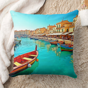 Vibrant Mediterranean Port Life Design Cushion