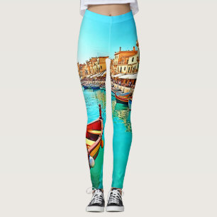Vibrant Mediterranean Port Life Design Leggings