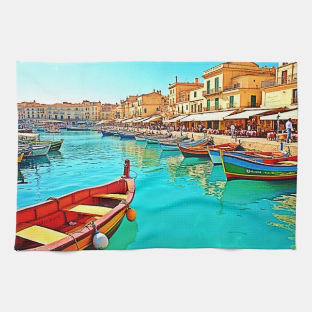 Vibrant Mediterranean Port Life Design Tea Towel (Horizontal)