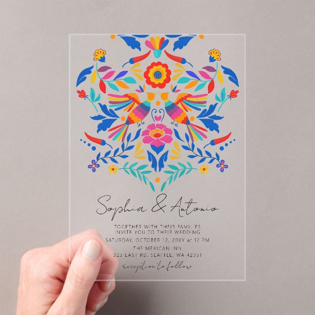 Vibrant Mexican Birds Otomi Floral Fiesta Wedding Acrylic Invitations (Insitu (Handheld))