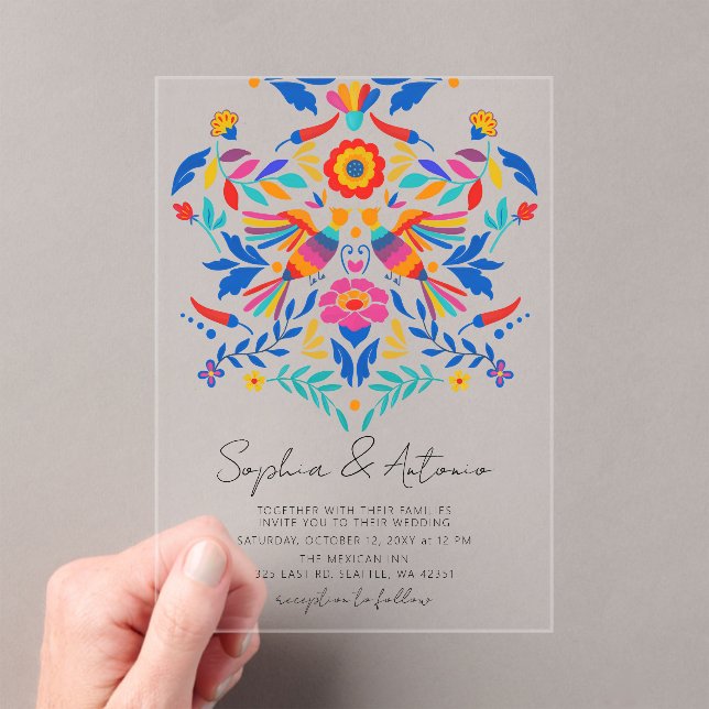Vibrant Mexican Birds Otomi Floral Fiesta Wedding Acrylic Invitations (Insitu (Handheld))