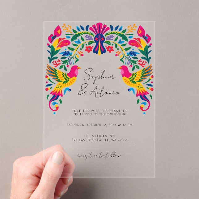 Vibrant Mexican Birds Otomi Floral Fiesta Wedding Acrylic Invitations (Insitu (Handheld))