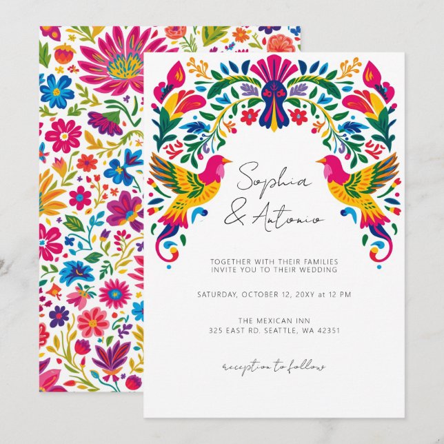 Vibrant Mexican Birds Otomi Floral Fiesta Wedding Invitation (Front/Back)