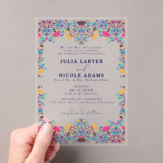 Vibrant Mexican Fiesta Style Rainbow Wedding Acrylic Invitations (Insitu (Handheld))