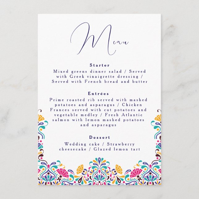 Vibrant Mexican Fiesta Style Rainbow Wedding Menu (Front)