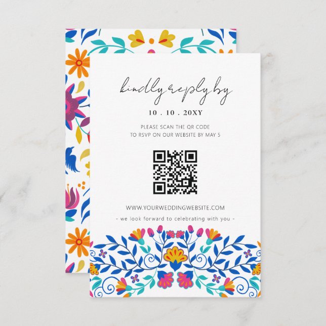 Vibrant Mexican Floral Fiesta Wedding QR code RSVP Card (Front/Back)