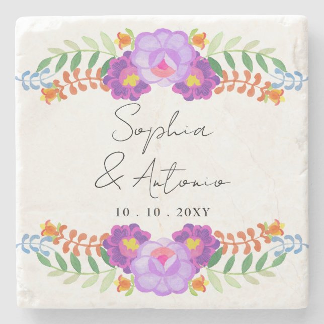 Vibrant Mexican Floral Fiesta Wedding Stone Coaster (Front)
