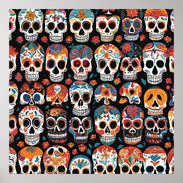 Vibrant Mexican Folk Art Skull Design  Poster (Front)